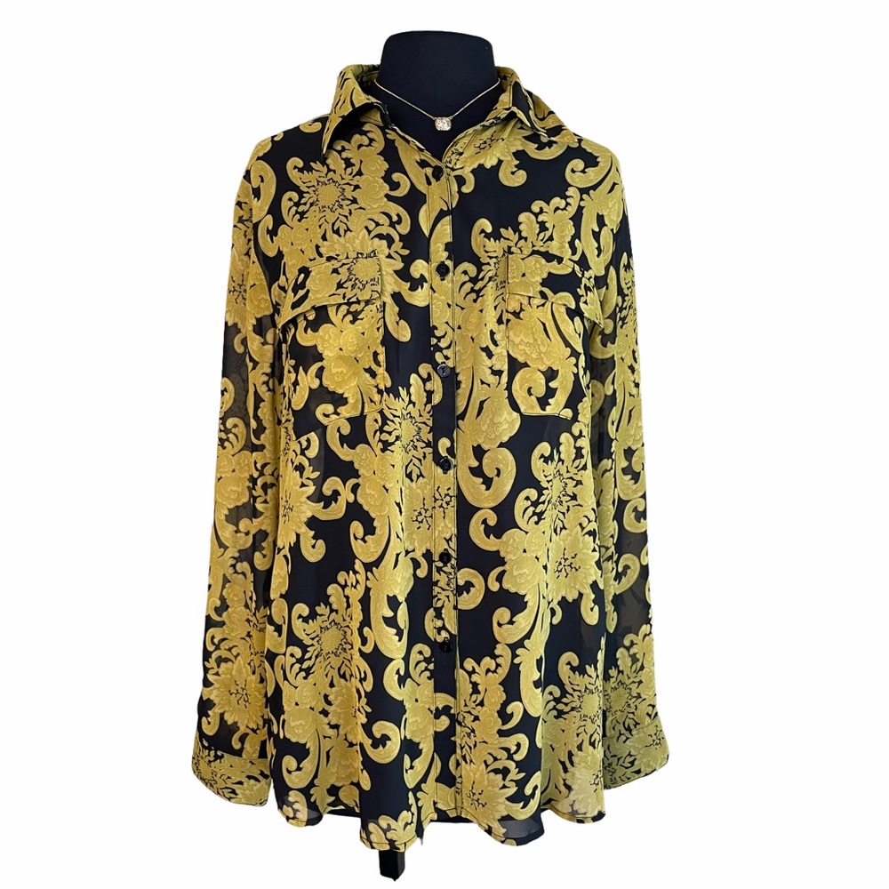 BB Dakota Gold Black Floral Lightweight Sheer Button Up Top